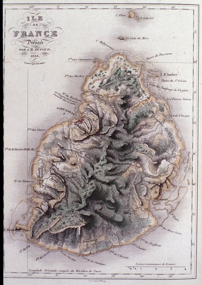 Mauritius coğrafi haritası (Anc. Ile de France) - gravür by French School