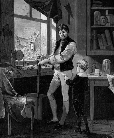 George Stephenson, İngiliz mühendis (1781-1848) oğluyla birlikte. by French School