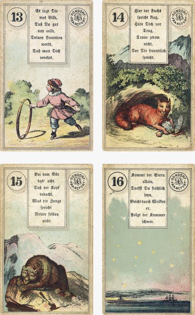 Lenormand Fransız karikatür destesinin Almanca baskısı: Çocuk, Tilki, Ayı, Yıldız, Dondorf, Frankfurt, 19. Yüzyıl tarafından yayınlandı by French School