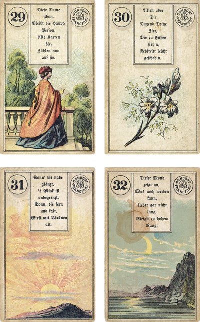 Lenormand Fransız karikatür destesinin Almanca baskısı: The Lady, The LiliesThe Lily, The Sun, The Moon, Dondorf, Frankfurt, 19. Yüzyıl tarafından yayınlandı by French School