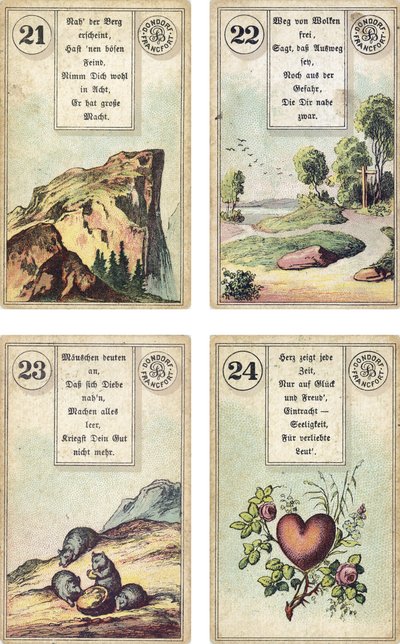 Lenormand Fransız karikatür destesinin Almanca baskısı: Dağ, Yol, Fareler, Kalp, Dondorf, Frankfurt, 19. Yüzyıl tarafından yayınlandı by French School