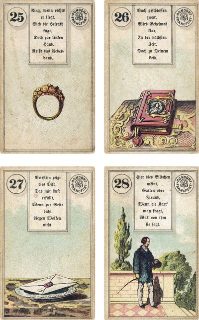 Lenormand Fransız karikatür destesinin Almanca baskısı: The Ring, The Book, The Letter, The Gentleman, Dondorf, Frankfurt, 19. Yüzyıl tarafından yayınlandı by French School