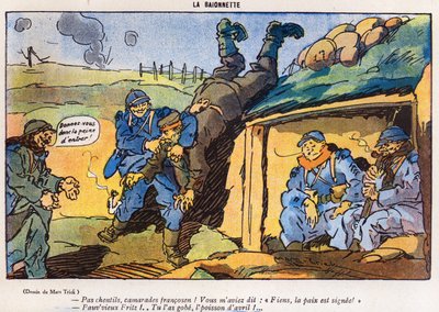 Fransız askerleri tarafından bir hile sonucu yakalanan Alman askeri, 29 Mart 1917, La Baionette dergisinin April Fools Day (Poisson dAvril) baskısından bir karikatür. by French School