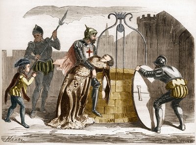 Gilles de Rais (Retz veya Rays) (1404-1440), Fransa mareşali karısını perişan ediyor. Dr. Th tarafından “Antik çağlardan günümüze tüm dünya halkları arasında fuhuş ve sefahat tarihi”nde gravür. -F. Debray. 1879. by French School