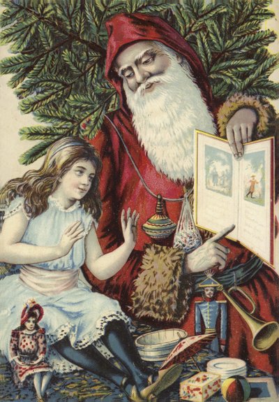 Kız Noel Baba tarafından resimli kitap gösteriliyor by French School