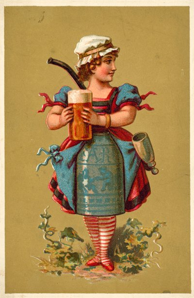 Büyük bir bardak bira (chromolitho) tutan kız by French School