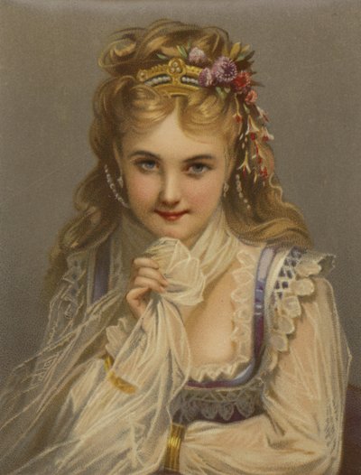 Sarı saçlı, mücevherli, çiçekli ve nazlı gülümsemeli kız (chromolitho) by French School