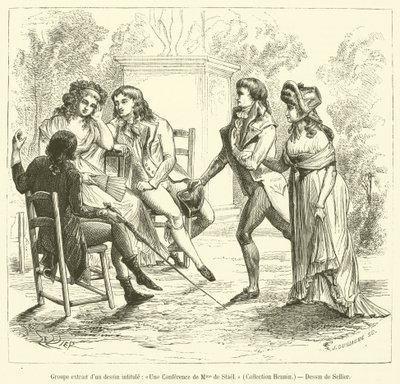 Grup, Une Lecture de Madame de Stael, Collection Hennin (gravür) başlıklı bir çizimden alınmıştır. by French School