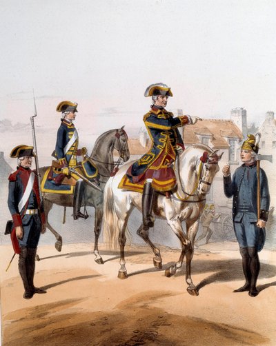 Paris Şehri Muhafızları (yürüyen saat, at bekçisi, bekçi, pompa bekçisi). 19. yüzyılın gravürü. Paris, Musee de la Eyaleti by French School