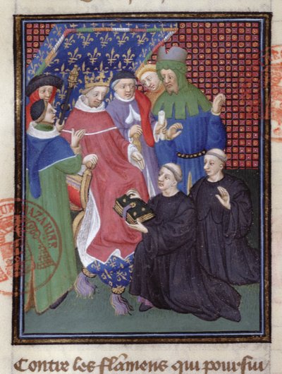 Guillaume de Nangis (ö. 1300 veya 1303) kitabını 1285-1314 yılları arasında Fransa kralı olan IV. Philippe le Bel'e sunar (parşömen) (239257 detayı) by French School