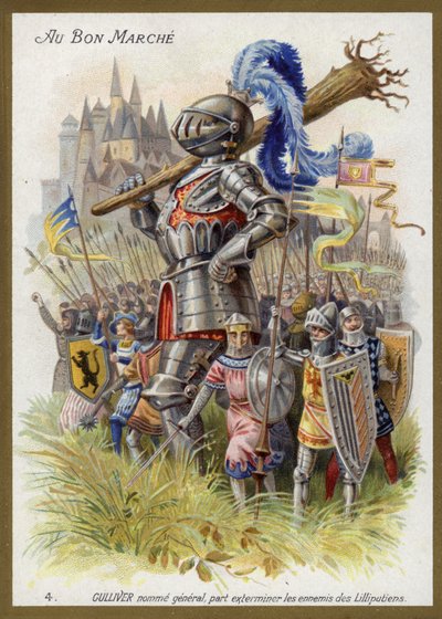 General olarak atanan Gulliver, Lilliputluların (chromolitho) düşmanlarını yok etmek için yola çıkar. by French School