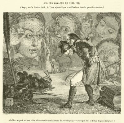 Gulliver, bir masanın üzerinde Brobdingnag sakinlerinin hayranlığına maruz kaldı (gravür) by French School