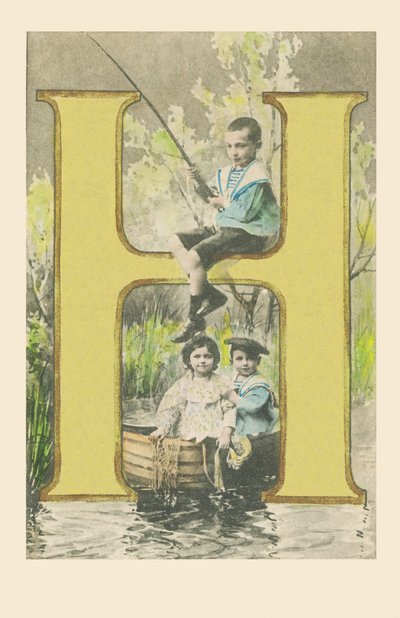 H: Olta tutan bir çocuk, teknede iki çocuk by French School