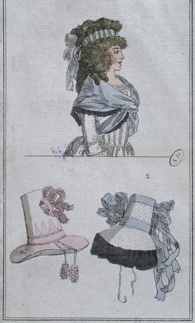 Saç modeli ve şapkalar (renkli gravür) by French School