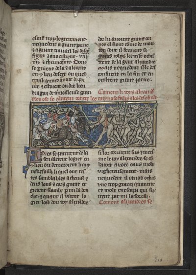 Harley MS 4979 f.72r Alexander, at başlı erkeklerle savaşıyor, 