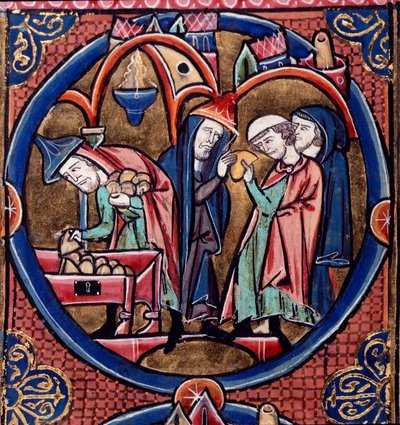 Harley Ms.1526 fol.27 Menelaus haraç parasını Suriye Kralı Antiochus