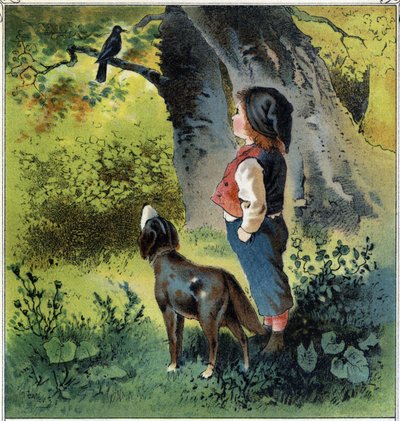 Henri, ormandaki bir dalda bir karatavuk gözlemler ve kuş ise hayatına geri döner. “Çocukluk Sahneleri”nden Kromolitografi ed. Guerin - Müller dolaylarında 1885. by French School
