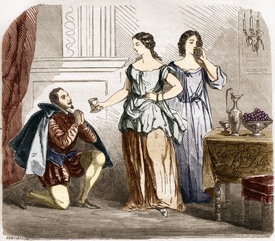 Henry IV (1553-1610), Fransa Kralı yarı çıplak kadınlar tarafından servis ediliyor. Dr. Th tarafından “Antik çağlardan günümüze tüm dünya halkları arasında fuhuş ve sefahat tarihi”nde gravür. -F. Debray. 1879. by French School