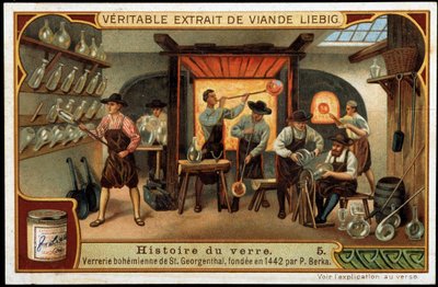 Camın Tarihi: P. Berka tarafından 1442 yılında kurulan Saint Georgenthal Boheme cam fabrikası. 19. yüzyıl sonu liebig kromolitografi. by French School