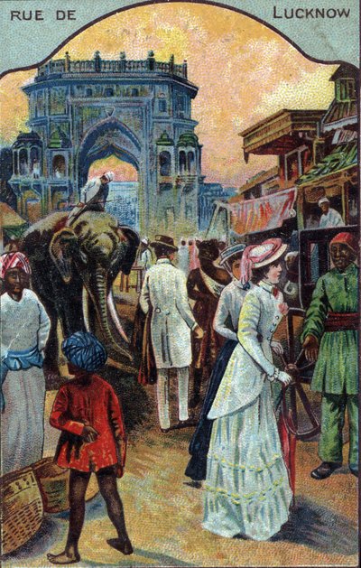 Turizm tarihi: Hindistan, Lucknow'un bir sokağında Batılı turistler (Hindistan, Lucknow'un bir sokağında Batılı turistler) 19. yüzyıl Kromolitografisi Özel koleksiyon by French School