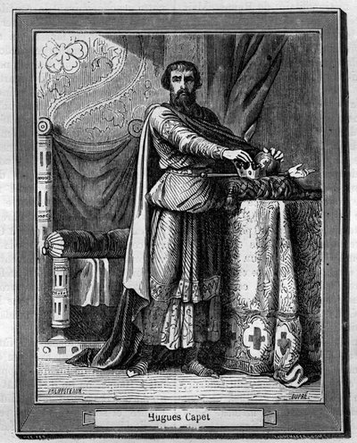 Hugues Capet (940-996) Franks kralı (altta) Maurice Lachatre tarafından “Yüzyıllar boyunca papalar-krallar-kraliçeler-ve-imparatorların tarihi”nde gravür by French School