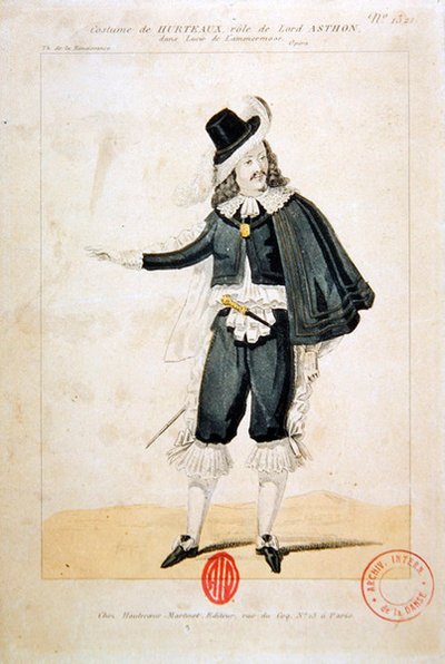 Gaetano Donizetti (1797-1848) tarafından Lucie de Lammermoor operasında Lord Enrico Ashton rolünde Hurteaux (renkli gravür) by French School