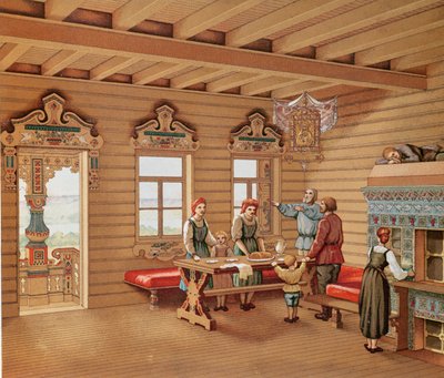 Bir Rus izbasının idealize edilmiş iç mekanı, 1880 dolayları (renkli gravür) by French School
