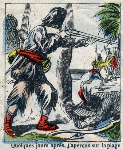 Daniel Defoe (De foe) Kitabı için İllüstrasyon “” Robinson Crusoe””. 19. yüzyılın sonundan epinal görüntüleme. by French School