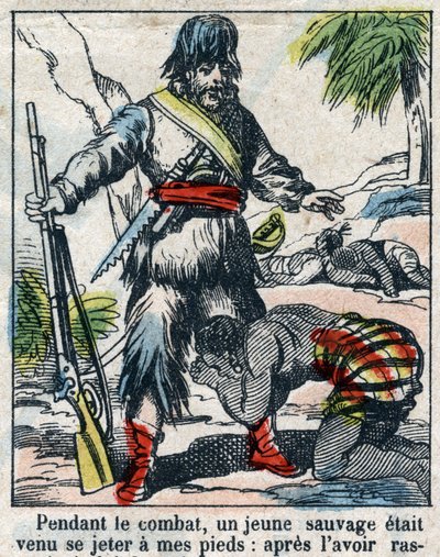 Daniel Defoe (De foe) Kitabı için İllüstrasyon “” Robinson Crusoe””. 19. yüzyılın sonundan epinal görüntüleme. by French School