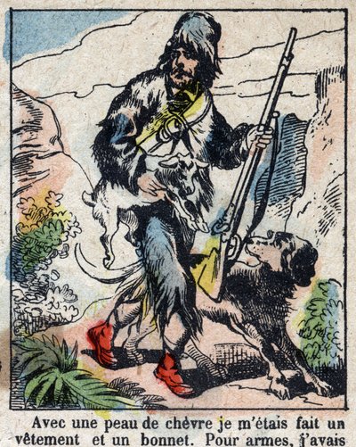 Daniel Defoe (De foe) Kitabı için İllüstrasyon “” Robinson Crusoe””. 19. yüzyılın sonundan epinal görüntüleme. by French School