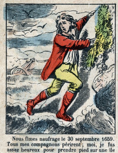 Daniel Defoe (De foe) Kitabı için İllüstrasyon “” Robinson Crusoe””. 19. yüzyılın sonundan epinal görüntüleme. by French School
