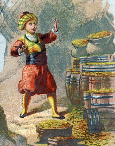 Binbir Gece Masalları için İllüstrasyon. Ali Baba (Ali-Baba) kayaya girer, Susam açar ve altın fıçıları görür der. 1890 civarında kromolitografi. by French School