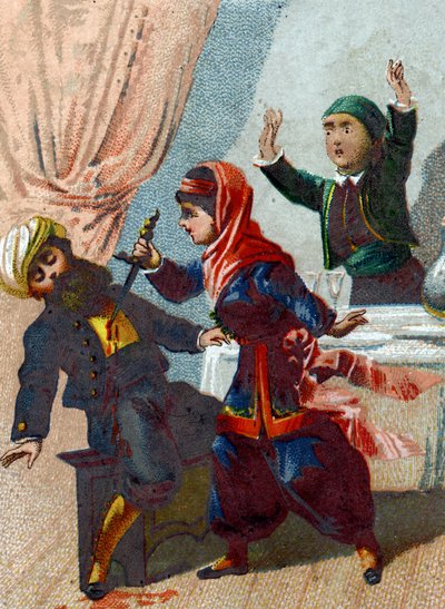 Binbir Gece Masalları için İllüstrasyon. Kaptan tekrar kılık değiştirir ve Ali Baba