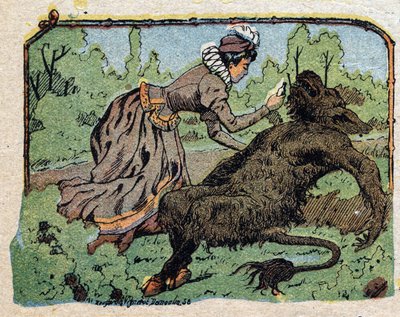 “Güzellik ve Aşk” masalı için illüstrasyon: güzel, evlenme teklif etmeyi reddettiğinde acıdan bayılan bahtı canlandırdı. Quinn tasvirlerinin gravürü, 1890 dolaylarında. by French School