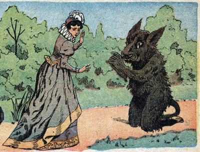 “Güzellik ve Baht” masalının illüstrasyonu: baht, birdenbire korkan güzele sorar. Quinn tasvirlerinin gravürü, 1890 dolaylarında. by French School