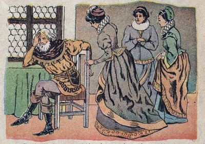 “Güzellik ve Bete” masalının illüstrasyonu: tüccar acı içinde kayboldu. Quinn tasvirlerinin gravürü, 1890 dolaylarında. by French School