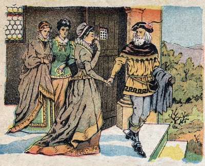 “La Belle et la Bete” masalı için illüstrasyon: Bir seyahate çıkan tüccar, üç kızına veda etti ve dönüşünde onlara bir hediye sözü verdi. Quinn tasvirlerinin gravürü, 1890 dolaylarında. by French School