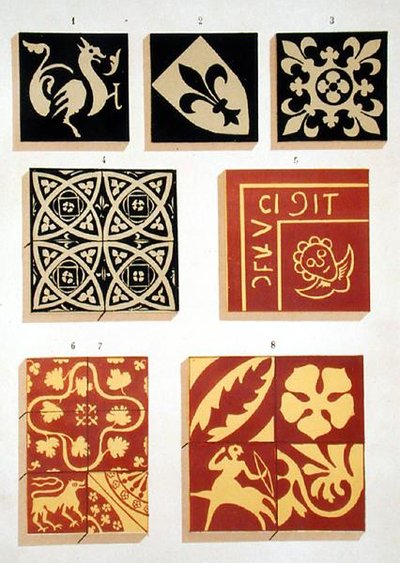 Bir dekorasyon kaynak kitabından 13. yüzyıl seramik desenlerinin illüstrasyonu (renkli taş) by French School