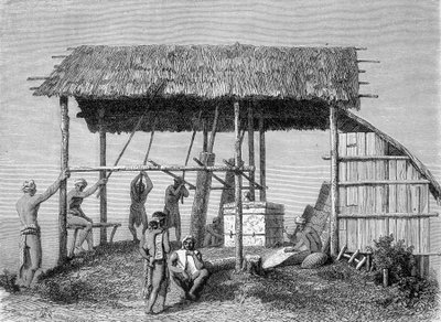 Borneo adasındaki dayaklarda bir demirciyi betimleyen “Le Tour du monde” 1862 baskısında yayınlanan illüstrasyon. Oymak. by French School