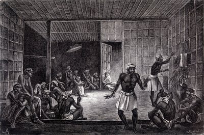 Borneo adasında dayakların uyguladığı bir şeytan çıkarma seansını betimleyen “Le Tour du monde”un 1862 baskısında yayınlanan illüstrasyon. Oymak. by French School