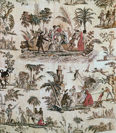 Paul et Virginie romanından olayların çizimleri, Toile de Nantes, 1800 dolayları (basılı pamuk) by French School