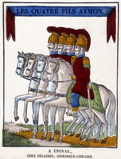 13. yüzyılın sonlarına ait isimsiz bir epik şiir olan “Aymon'un dört oğlu”nu temsil eden 1825 tarihli Epinal görüntüsü. by French School