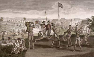 İngiliz Sakinleri kampı manzarası eşliğinde egzersiz yapan Hintli savaşçılar, 1810 dolayları by French School