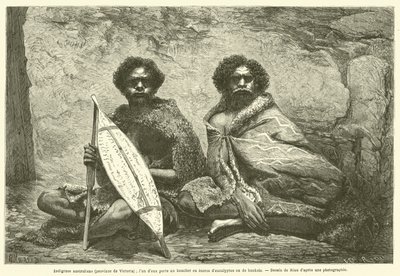 Avustralya Yerlileri (Victoria Eyaleti); bunlardan biri okaliptüs veya banka kabuğundan yapılmış bir kalkan taşıyor (gravür) by French School