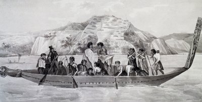 Arka planda müstahkem köy ile pirogue üzerinde Yerli Yeni Zelandalılar, 10 Nisan by French School