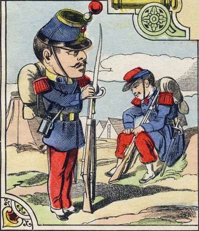 Piyade hattı. "Komik Askeri Alfabe"de gravür. Beşinci seri. Epinal görüntüleme. Pellerin ve Cie, Yazıcılar, Epinal, 19. yüzyıl sonu. 16 sayfa. Karartma: 25x18,5cm by French School