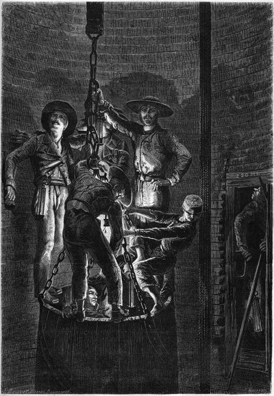 Bir kömür madeninin kuyusunun iç görünümü: çöp bidonuna çıkış. 1861. “Le Monde Illustré” n°238, 2 Kasım tarihli gravür by French School