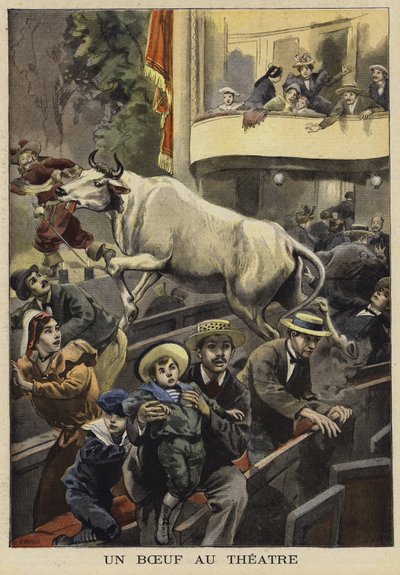 Bir öküz tarafından bir tiyatro gösterisinin kesilmesi, Villefranche-de-Lauragais, Fransa, 1897 by French School