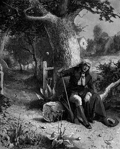 Isaac Newton (1642-1727), İngiliz matematikçi ve astronom, Woolsthorpe elma ağacından düşen bir elma aracılığıyla yerçekimi kavramını keşfediyor. by French School