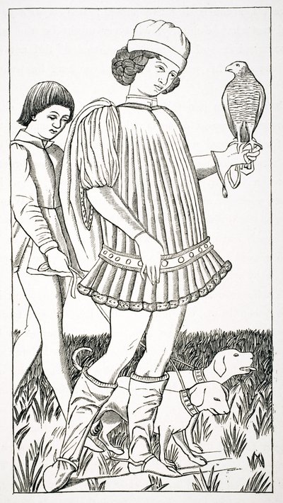 İtalyan asilzadesi şahin tutuyor, bakır üzerine oyulmuş bir oyun kartından sonra, c.1460, Paul Lacroix (1806-84) tarafından 1847